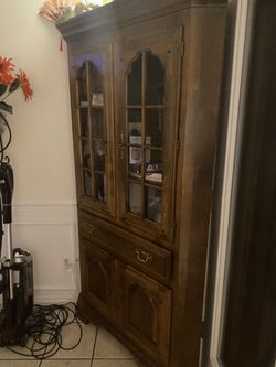 Moving sale Solid Wood Oak Corner Hutch Cabinet Vintage With Light