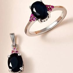 Midnight Sapphire, Madagascar Pink Sapphire Ring (Size 8.0) and Pendant in Platinum Over Sterling Silver 3.65 ctw