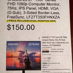 Brand new Samsung 27” Computer Monitor & Dual Monitor Arm 