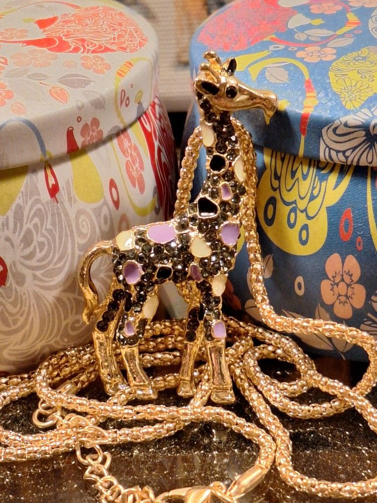 Black rhinestone Giraffe pendant necklace, Purple, ivory & black enamel