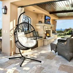 78 in. Wicker Outdoor Basket Swing Chair with Cushion and Stand