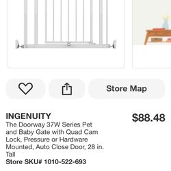INGENUITY The Doorway 37W Series Pet and Baby Gate with Quad Cam Lock, Pressure or Hardware Mounted, Auto Close Door, 28 in. Tall