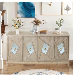 Modern 4-Door Cabinet with Mirrored Decorative Doors,for Bedroom,Living Room,Office,Easy Assembly, Wood Color