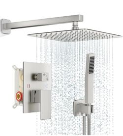 Shower Faucet Set Bathroom Square Rain Shower Head and Handle Set, Wall Mounted Shower Fixtures, Full Metal Trim Repair Kit 12 inch Brushed Nickel (Wi