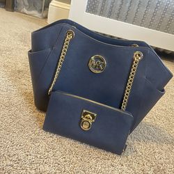BRAND NEW! Used once! Navy blue leather Michael Kors purse with matching wallet