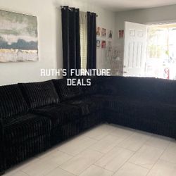 Stylish XL Sectional Sofa  Couch Black Fur-like Jumbo Corduroy