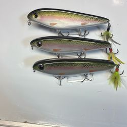 Handmade Wooden Topwater Walking Fishing Lure In Rainbow Trout Color, Equipped With Rotating Hook Hangers