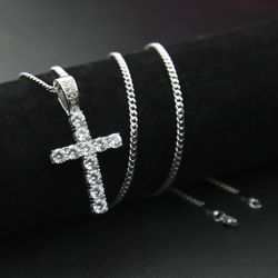 New 18k White Gold Cuban Link Chain And Cross Pendant 