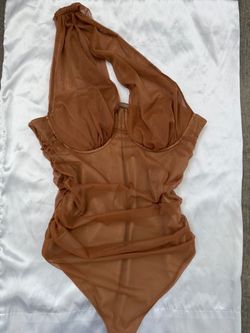 Brown Mesh One-Shoulder Bodysuit