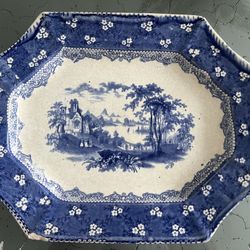 Antique Mid 19 Century Blue Porcelain Transfer ware Platter Features English Abbey in ruined state 13.5x10.5” some chips and scratches