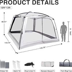 12' X 12' Screen Tent for Camping Canopy Easy Set Up Camper Screen House Room Porch Screened Gazebo 8-10 Person Screenhouse Bug Mesh Shade Tent UPF 50