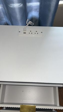White Desk with Built-In Power Outlet and Drawer, LED lights