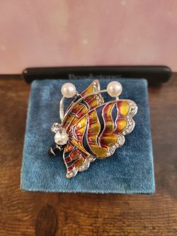 Butterfly Multicolored Enamel Brooch Pin/Pendant Silvertone Rhinestone and Faux Pearl Accents 2" f9
