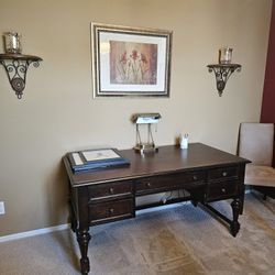 Solid Wood Desk With Lamp, And Wall Decor