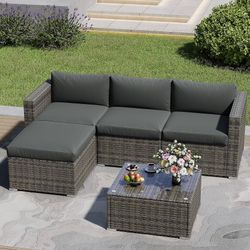 5 Piece Outdoor Patio Sectional Furniture Set, Weather Resistant Rattan Outside Couch, Waterproof Conversation Sofa for Balcony, Porch, Backyard, Deck