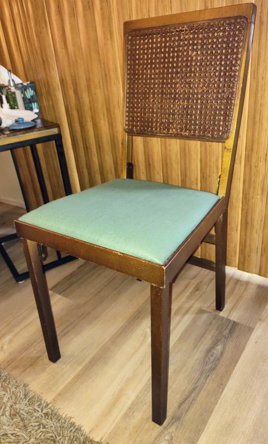 Mid Century Legomatic Walnut Wicker Rattan Vinyl Folding Side Chairs- Set of 4/RARE. OFFERS WELCOME!
