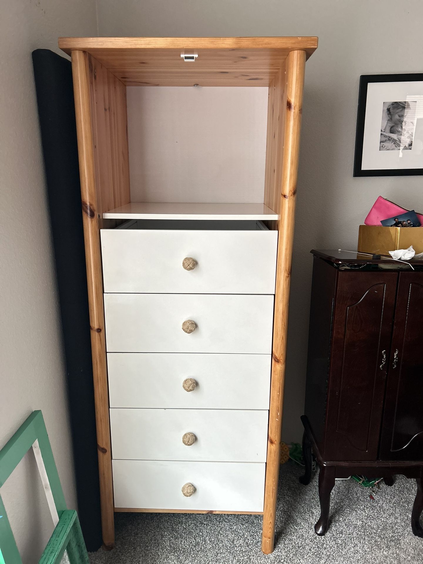 Dresser (5 Drawers) White with Natural wood Trim