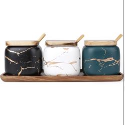  3 Pack Ceramic Salt and Sugar Container, Condiment Jars with Lids and Spoons, Marble Seasoning Spice Pots Bowl, Pepper Sellar with Wooden Tray for Se