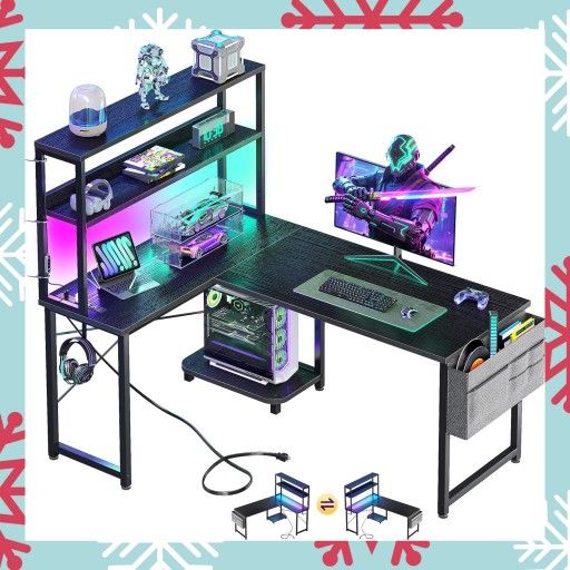 Black 43" L-Shaped Gamer Desk With LEDs, Shelves, and Integrated Power Station. New, Unassembled in box.