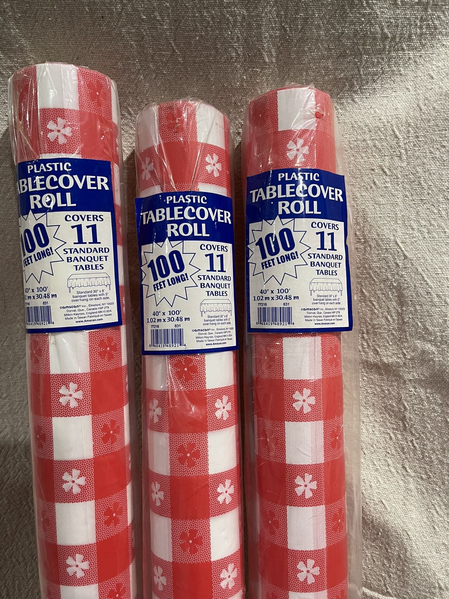 3) Red Gingham Plastic Table Cover 100 Feet=300ft !!!