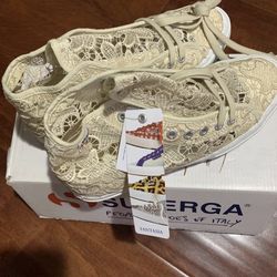 Superga 2795 Macrame Lace Hi Top Platform Sneakers Ivory W8 Read