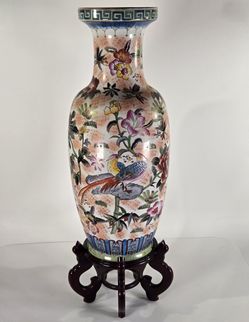 CHINESE CERAMIC VASE 2 FOOT TALL WITH STAND