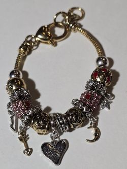 Charm Goldtone bracelet signed by Landau mixed metallic beads pink crystal accents I Love You To The Moon & Back Rare Find!