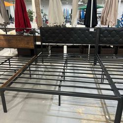 M-Queen Bed Frame with Headboard PU Leather Upholstered Bed Frame Platform,All Metal Slats Support Platform Bed Frame with Storage Space,Easy Assembly