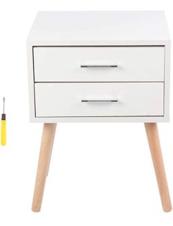 White Nightstand Bedside Table with Two Drawers and Wood Legs - New in Box - Not Assembled