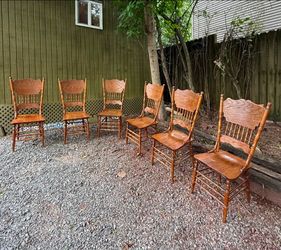 Set of 6 Vintage Solid Oak Pressed-Back Dining Chairs