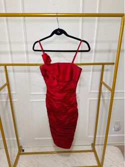 Calvin Klein Red Ruched Satin Mini Dress with Bow