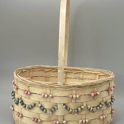Small Hand Woven Bamboo Basket w/ Painted Beads Handle Decorative Easter Gift Basket
