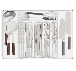 Yieach Clear Expandable Silverware Drawer Organizer - Adjust From 11" to 22" - Knife, Cutlery, Spoons and Forks Organizer, Large 8 Grid Flatware, Silv