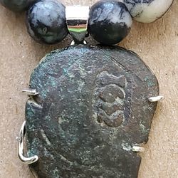 Authentic Genuine Ancient Spanish Colonial Pirate Shipwreck Money 8 Maravedis Copper Cob Coin 925 Solid Sterling Silver Pendant Agate Necklace 