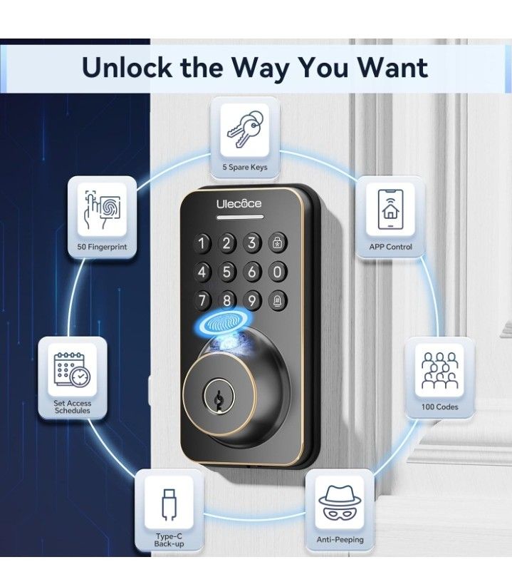 Fingerprint Keypad Deadbolt with Handle Set, Keyless Entry Door Lock, Door Locks for Front Door Lock Set, App Control, Auto Locking, Easy to Install, 