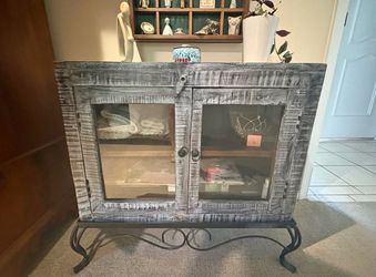 Distressed Blue Gray Glass Door Display Cabinet / Curio Cabinet