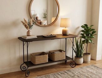 Ornate Scroll-Leg Industrial Wood & Metal Console Table