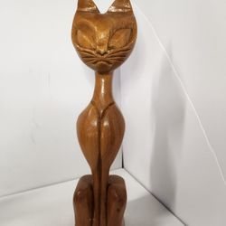 Vintage Carved Monkey Pod Wood Cat Statue Phillipines MCM Mid Century Modern 