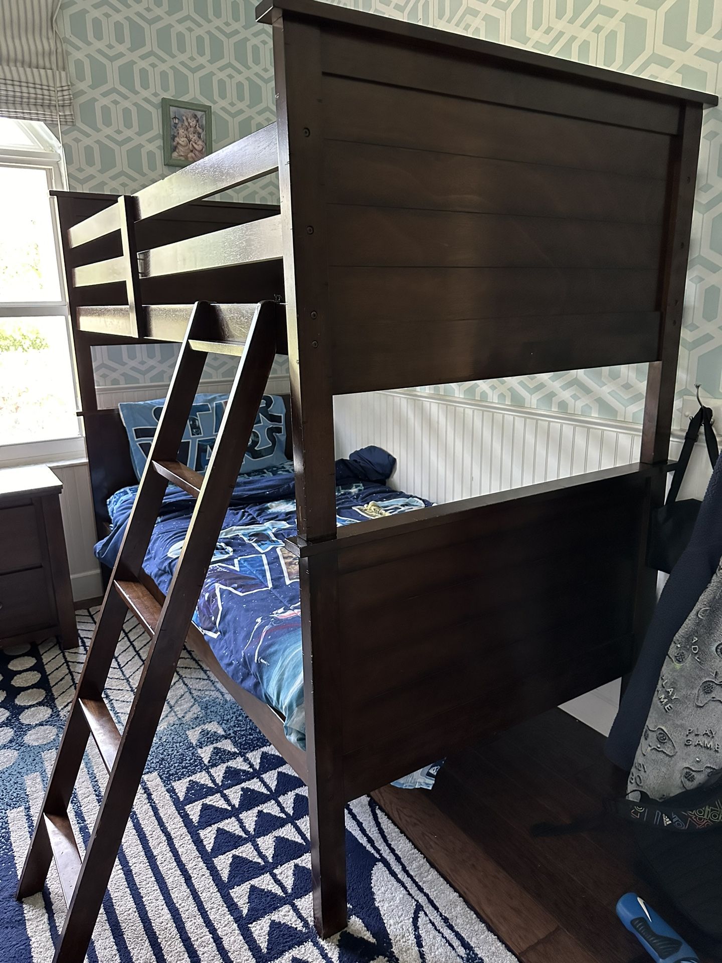 Twin Over Twin Brown Wood Bunk Bed With Ladder And Night Stand 