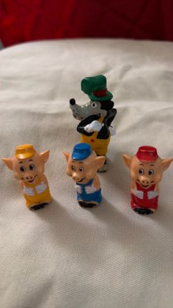 Vintage 1970s Disney Three Little Pigs & Big Bad Wolf Pencil Toppers Set