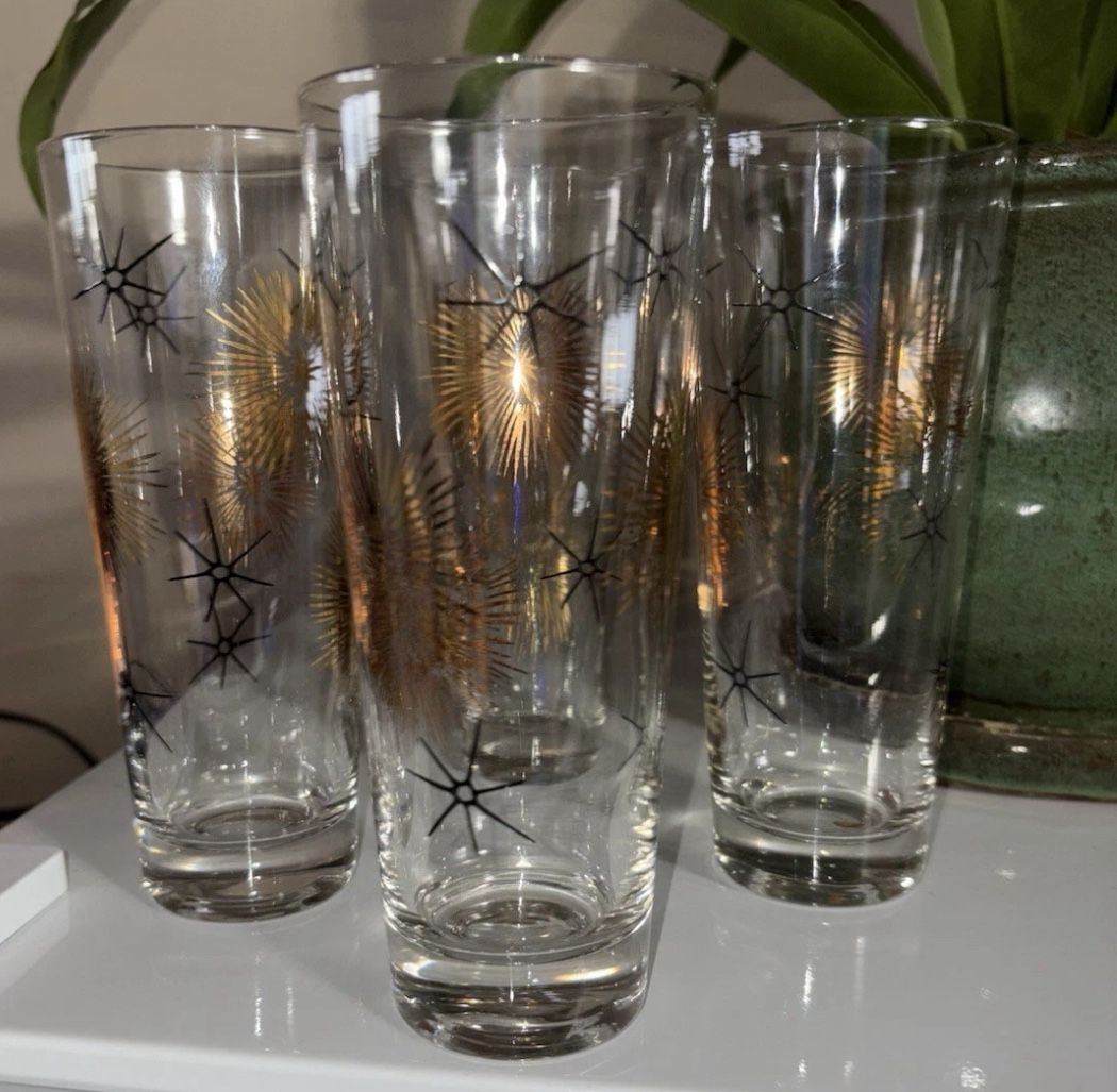 Set Of 4 Vintage Atomic Starburst Collin’s Highball Drinking Glasses