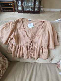 American Eagle Tie-Front Embroidered Top MEDIUM Light Brown NWT