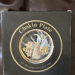 New Vintage 24KT Gold Edged Japanese The Art of Chokin Plate With Display Stand