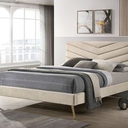 Brand New Beige Mid Century Modern Style Queen Bed Frame (Available In California & Eastern King)