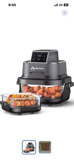 4-in-1 Portable Glass Air Fryer, 140–400°F Precise Heat, Max Crisp Technology, 4.2QT & 1.6QT Dual Containers with Lids, Freezer & Dishwasher Safe, Bak