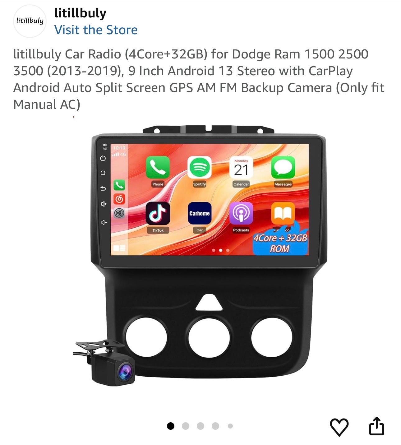 litillbuly Car Radio (4Core+32GB) for Dodge Ram 1 3500 (2013-2019), 9 Inch Android 13 Stereo with CarPlay Android Auto Split Screen GPS AM FM