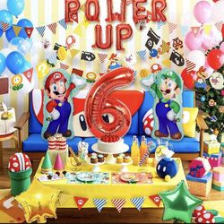 New 12 PCS Super Birthday Balloons Brothers theme Birthday Decoration with POWER UP Letter Balloons For 6th Birthday Party (Red-6th) 