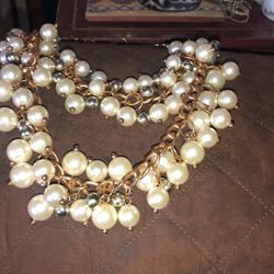 Large Double Strand  Vintage Necklace. Has Pearls, Gold And Silver Beads On A Copper-looking Chain.