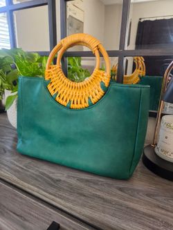Anthropologie Green Tote Bag with Rattan Handles