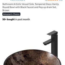 SOLDEE Brown Tempered Glass Vessel Sink w Black Faucet & Drain Set
